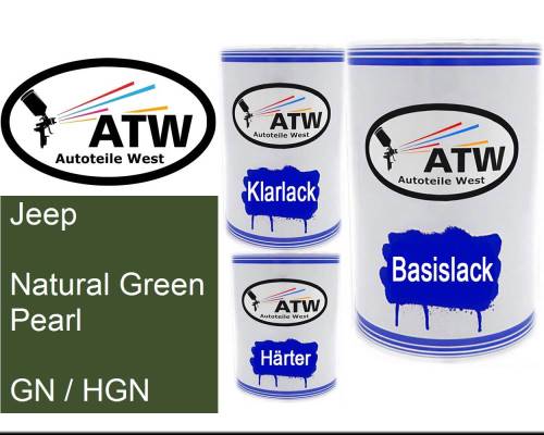 Jeep, Natural Green Pearl, GN / HGN: 500ml Lackdose + 500ml Klarlack + 250ml Härter - Set, von ATW Autoteile West.
